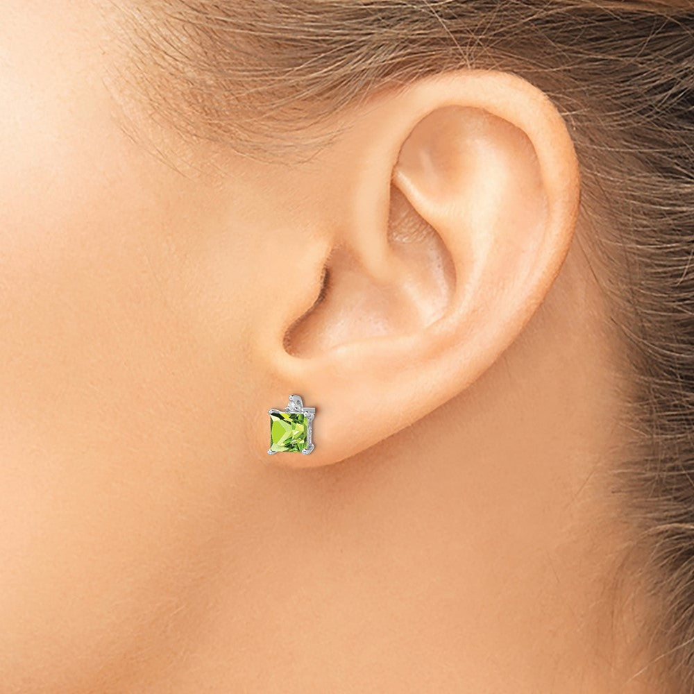 Solid 14k White Gold Princess Simulated Peridot and CZ Earrings