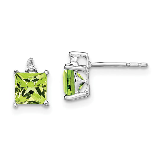 Solid 14k White Gold Princess Simulated Peridot and CZ Earrings