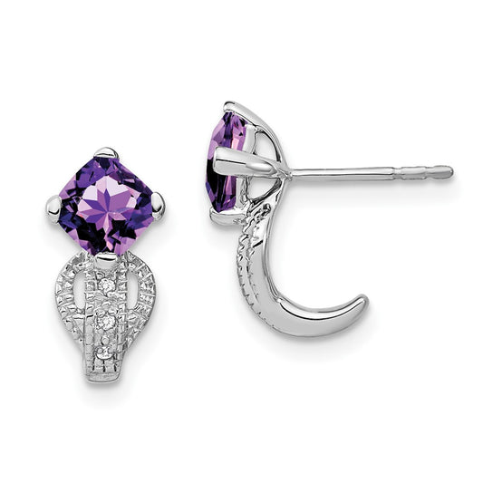 Solid 14k White Gold Simulated Amethyst and CZ Earrings