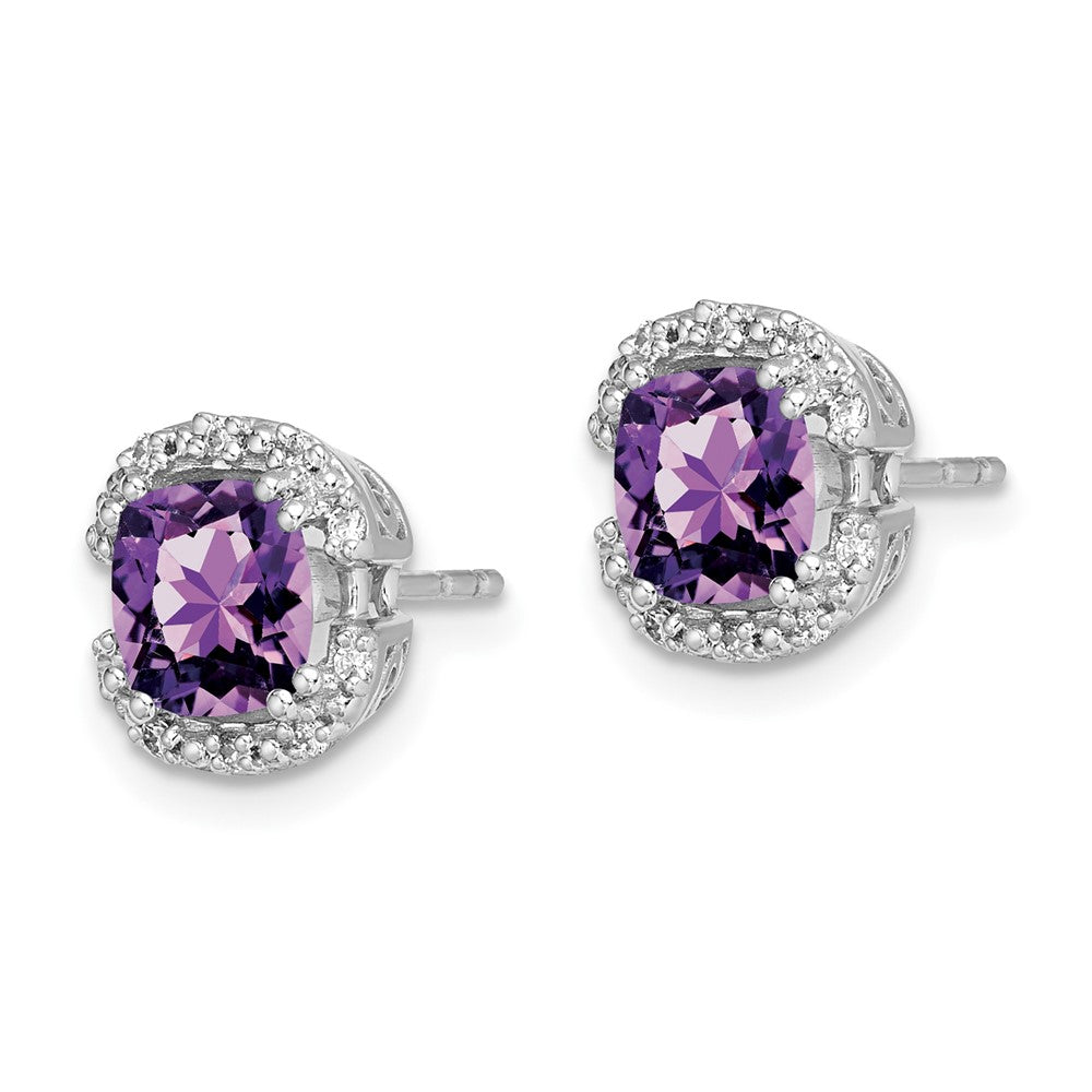 Solid 14k White Gold Cushion Simulated Amethyst and CZ Halo Earrings