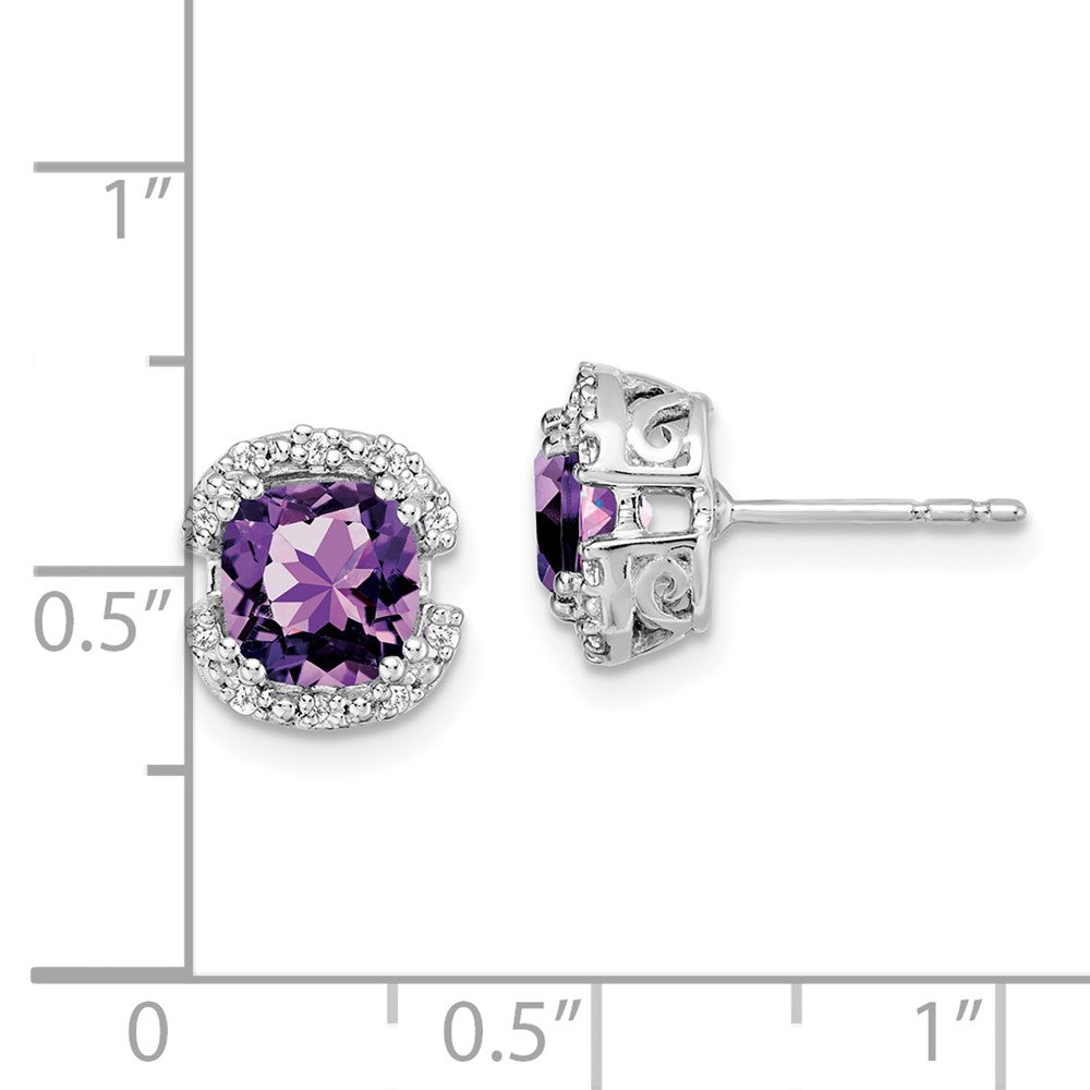 Solid 14k White Gold Cushion Simulated Amethyst and CZ Halo Earrings