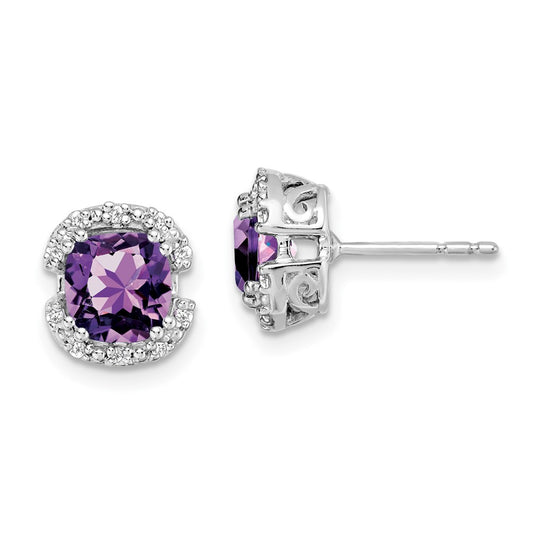 Solid 14k White Gold Cushion Simulated Amethyst and CZ Halo Earrings