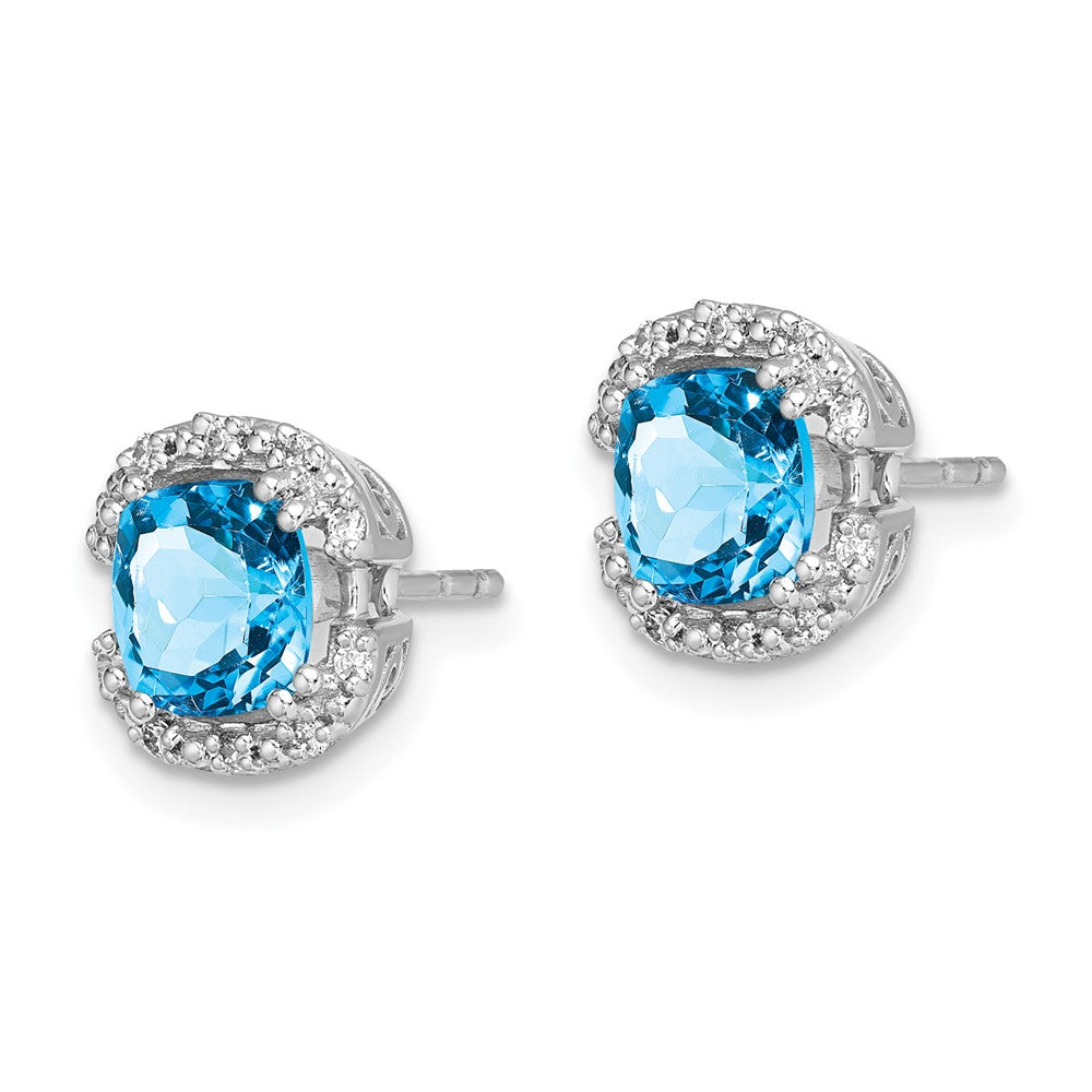 Solid 14k White Gold Cushion Simulated Blue Topaz and CZ Halo Earrings