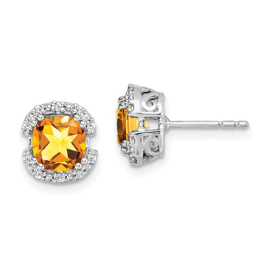 Solid 14k White Gold Cushion Simulated Citrine and CZ Halo Earrings