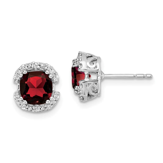 Solid 14k White Gold Cushion Simulated Garnet and CZ Halo Earrings