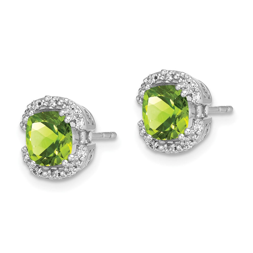 Solid 14k White Gold Cushion Simulated Peridot and CZ Halo Earrings