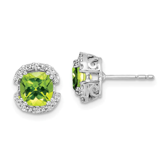 Solid 14k White Gold Cushion Simulated Peridot and CZ Halo Earrings