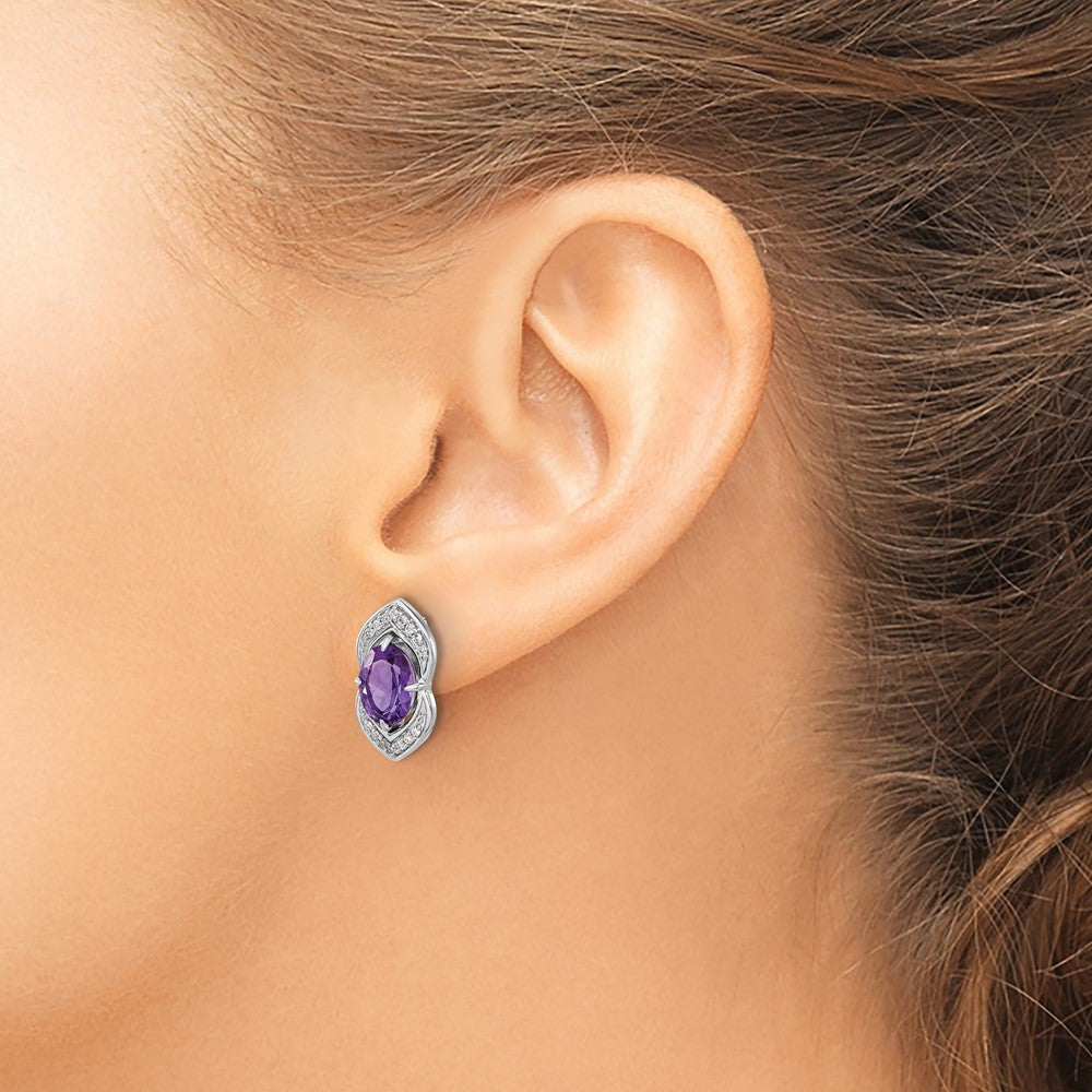 Solid 14k White Gold Simulated Amethyst and CZ Post Earrings