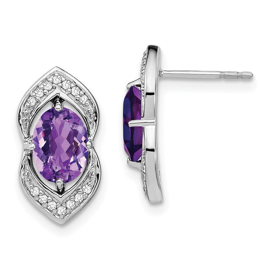 Solid 14k White Gold Simulated Amethyst and CZ Post Earrings