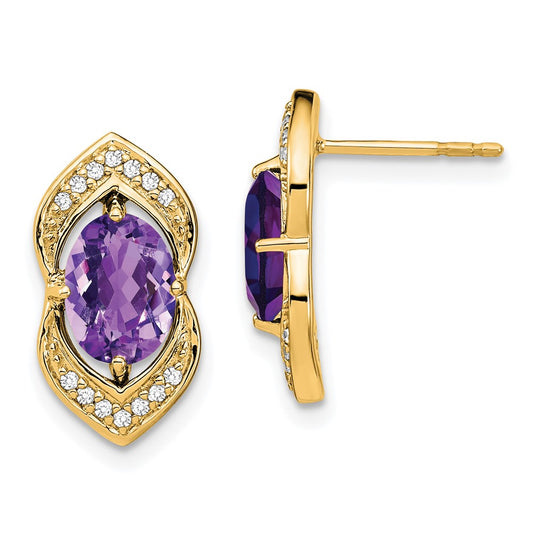 Solid 14k Yellow Gold Simulated Amethyst and CZ Post Earrings