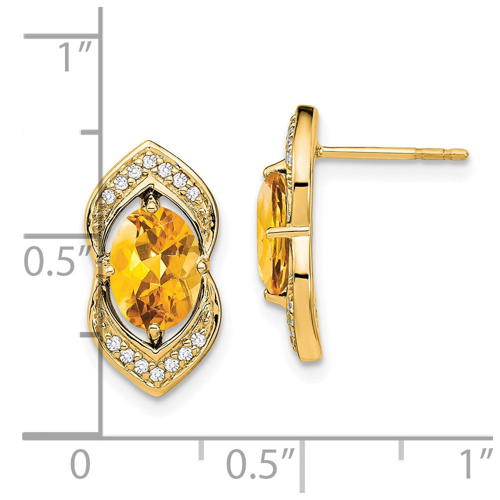 Solid 14k Yellow Gold Simulated Citrine and CZ Post Earrings