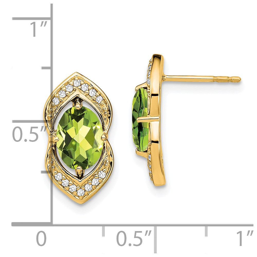 Solid 14k Yellow Gold Simulated Peridot and CZ Post Earrings