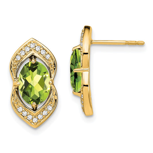 Solid 14k Yellow Gold Simulated Peridot and CZ Post Earrings