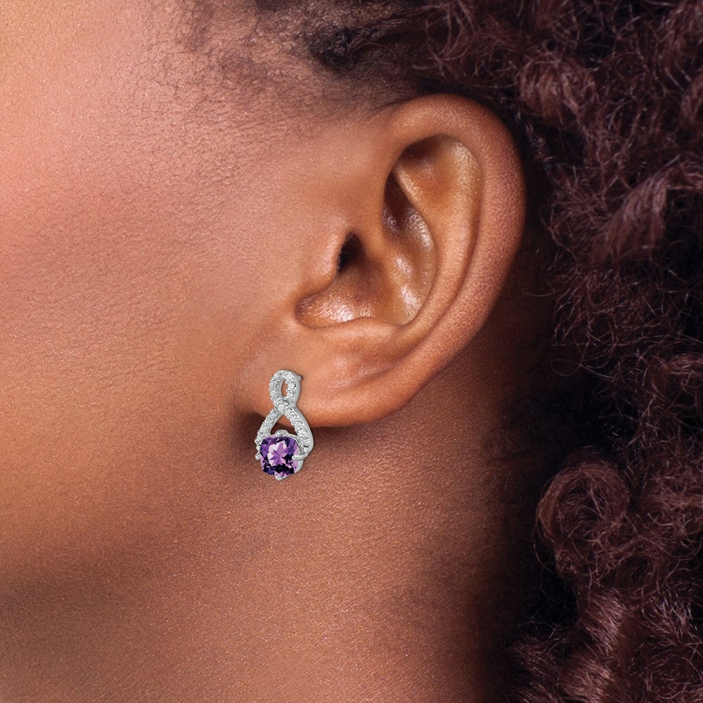 Solid 14k White Gold Simulated Amethyst and CZ Earrings