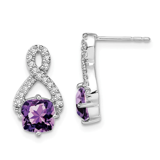 Solid 14k White Gold Simulated Amethyst and CZ Earrings