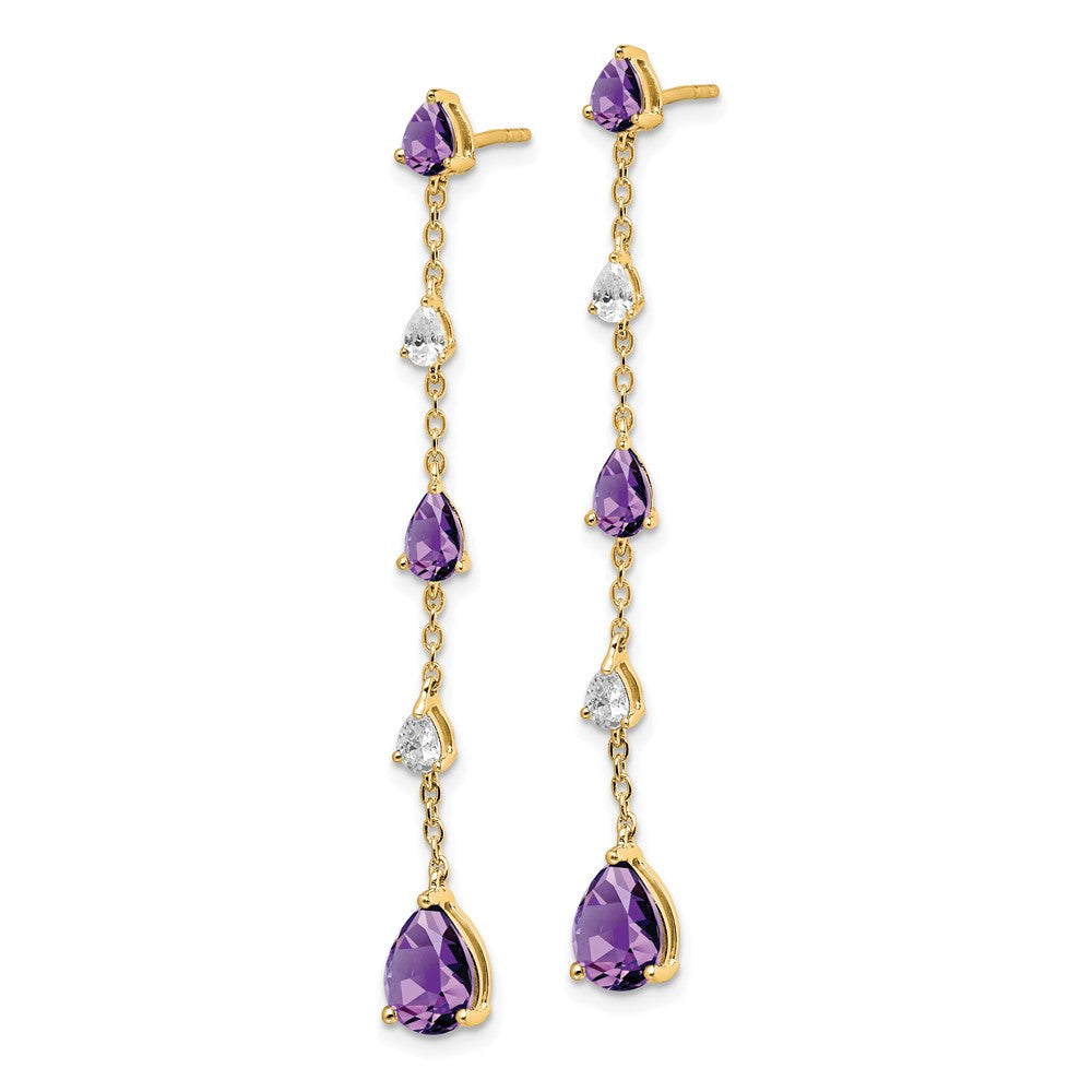 Solid 14k Yellow Gold Simulated Amethyst and White Topaz Dangle Earrings