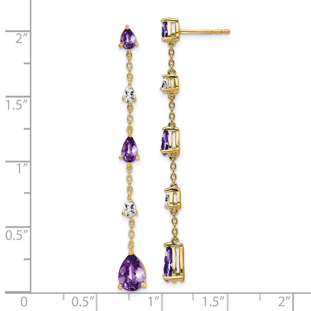 Solid 14k Yellow Gold Simulated Amethyst and White Topaz Dangle Earrings