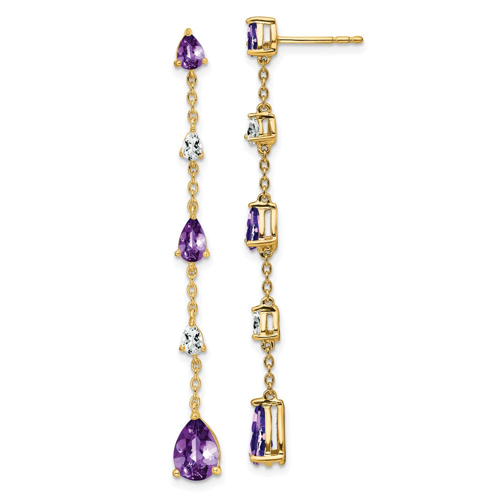 Solid 14k Yellow Gold Simulated Amethyst and White Topaz Dangle Earrings