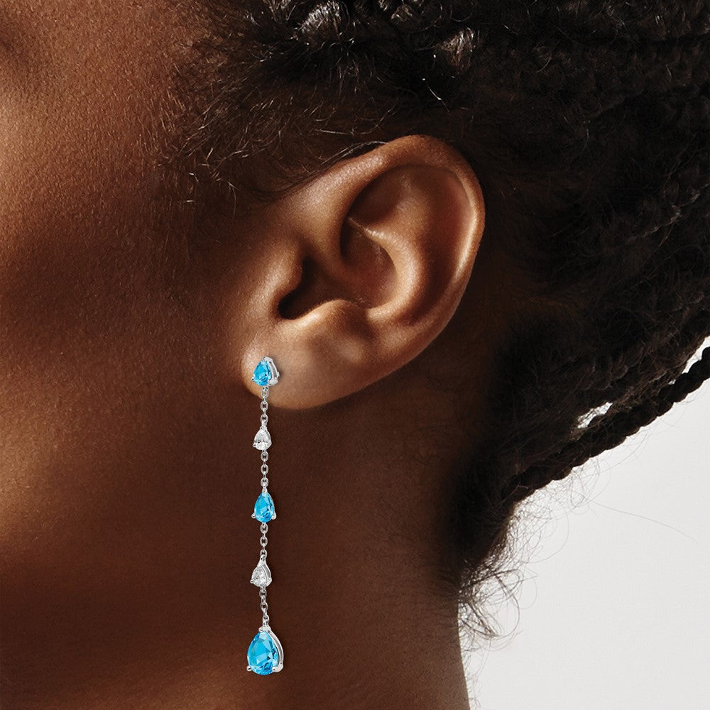 Solid 14k White Gold Simulated Blue Topaz and Dangle Earrings