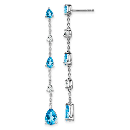 Solid 14k White Gold Simulated Blue Topaz and Dangle Earrings