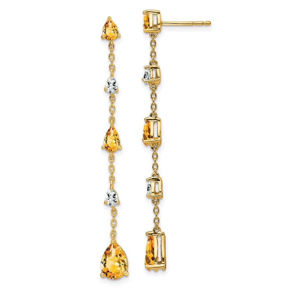 Solid 14k Yellow Gold Simulated Citrine and White Topaz Dangle Earrings