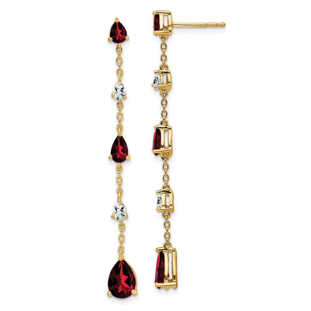 Solid 14k Yellow Gold Simulated Garnet and White Topaz Dangle Earrings