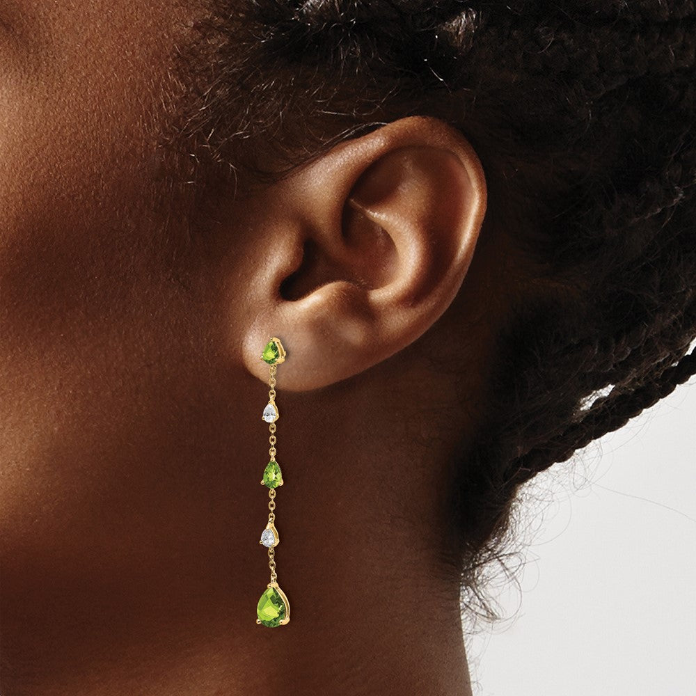 Solid 14k Yellow Gold Simulated Peridot and White Topaz Dangle Earrings