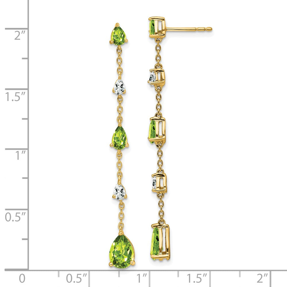 Solid 14k Yellow Gold Simulated Peridot and White Topaz Dangle Earrings