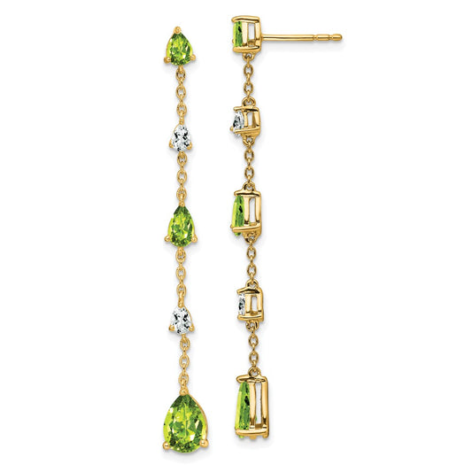 Solid 14k Yellow Gold Simulated Peridot and White Topaz Dangle Earrings