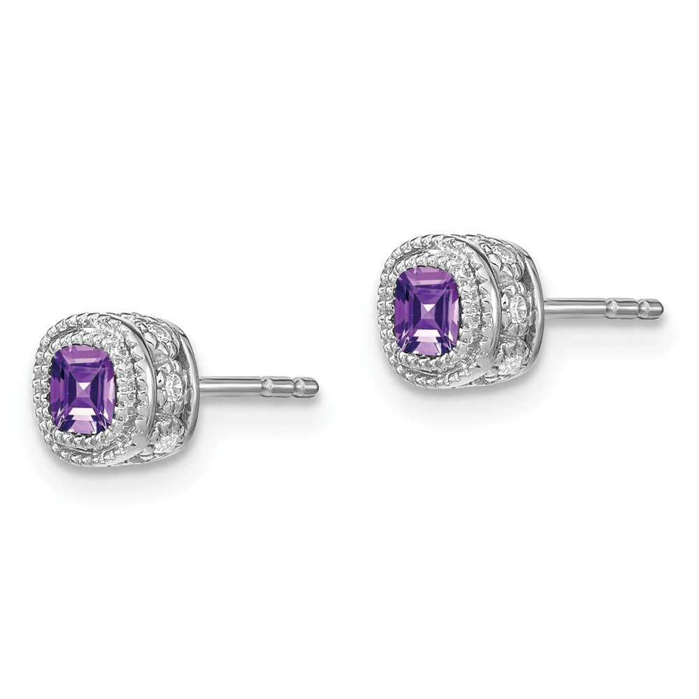 Solid 14k White Gold Cushion Simulated Amethyst and CZ Earrings