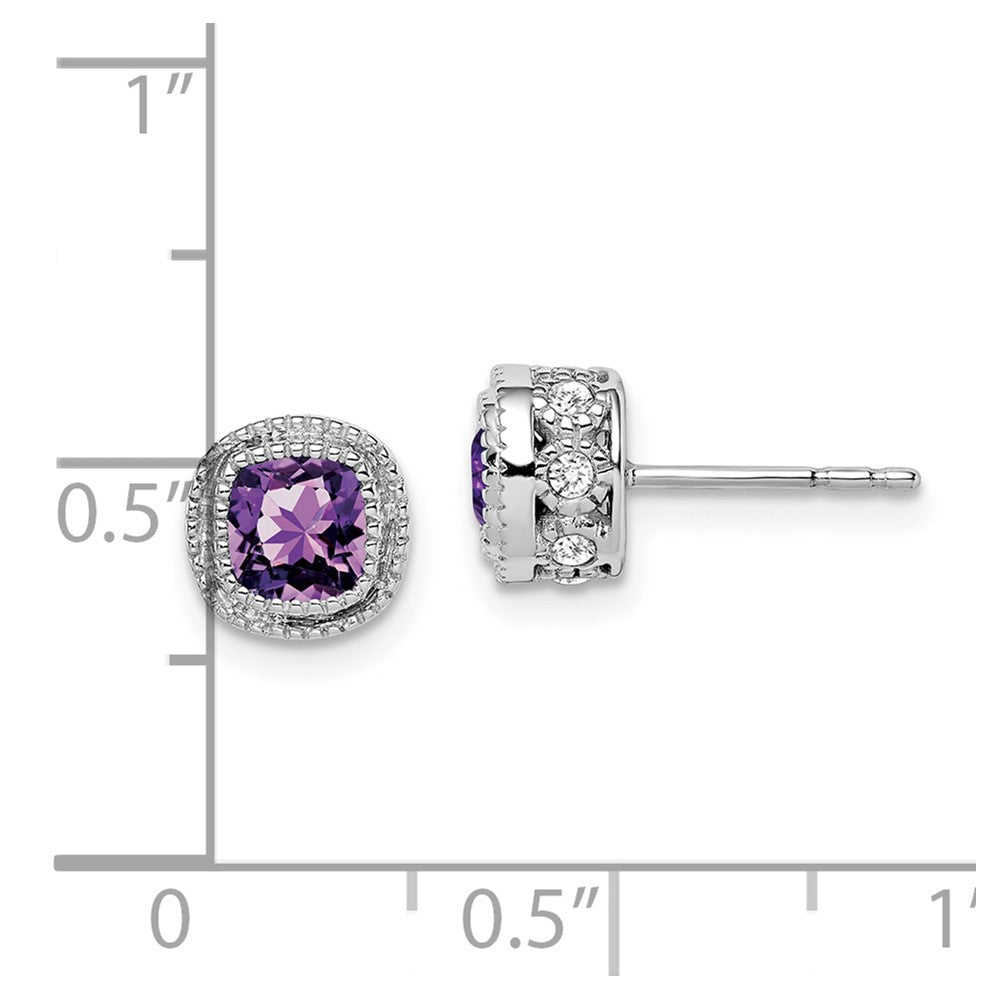 Solid 14k White Gold Cushion Simulated Amethyst and CZ Earrings