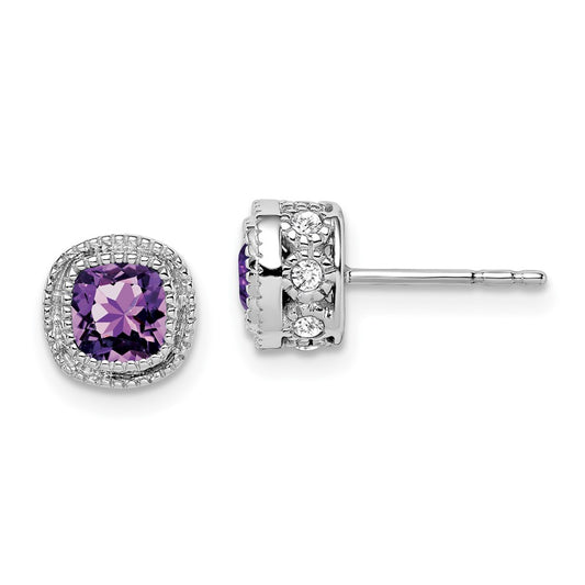 Solid 14k White Gold Cushion Simulated Amethyst and CZ Earrings