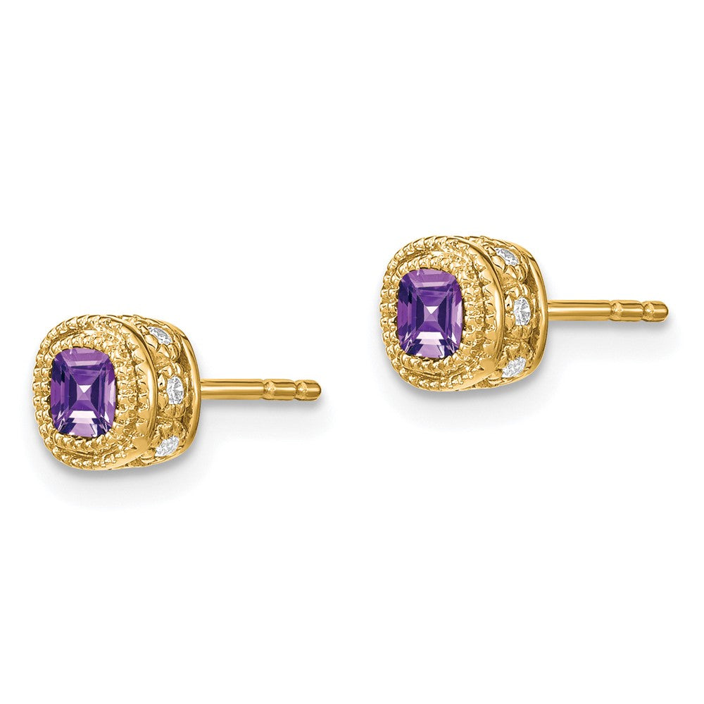 Solid 14k Yellow Gold Cushion Simulated Amethyst and CZ Earrings