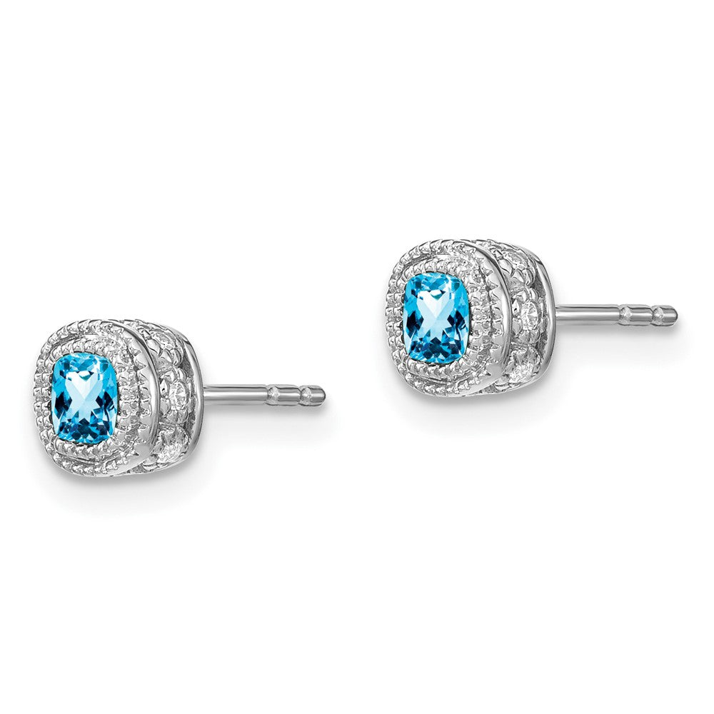 14k White Gold Cushion Blue Topaz and Real Diamond Earrings