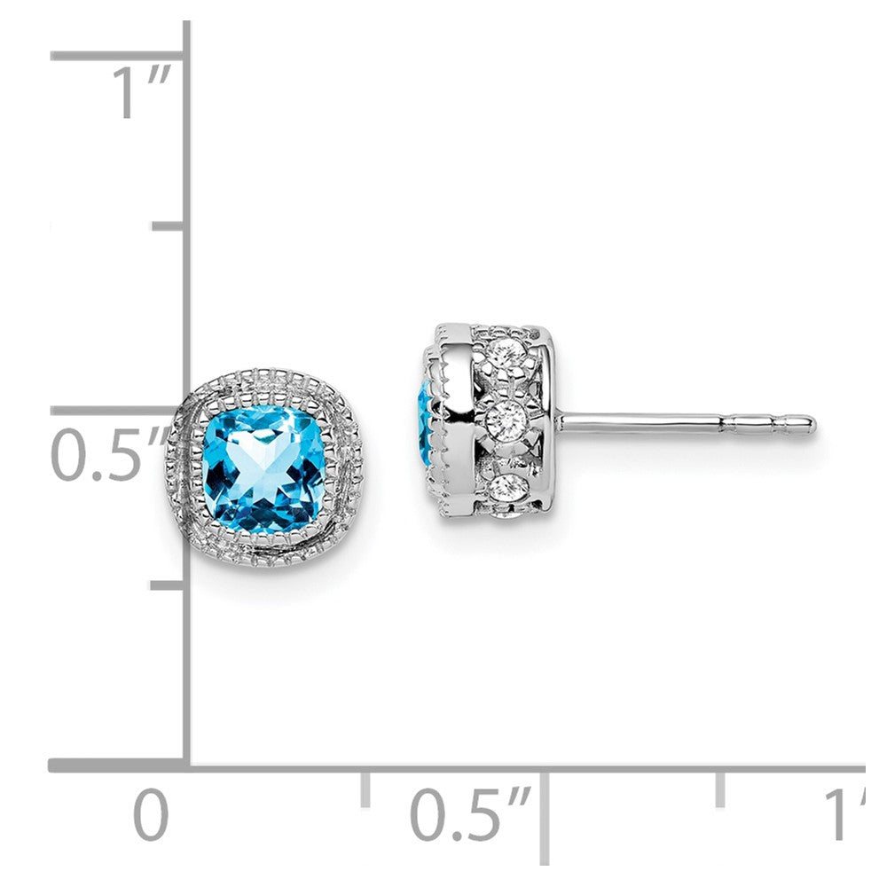 Solid 14k White Gold Cushion Simulated Blue Topaz and CZ Earrings