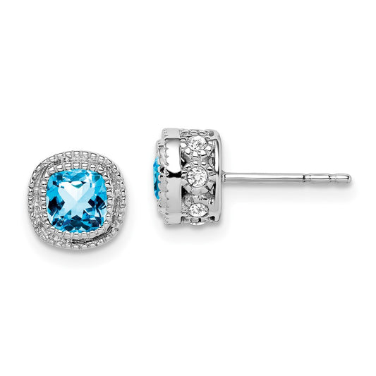 14k White Gold Cushion Blue Topaz and Real Diamond Earrings