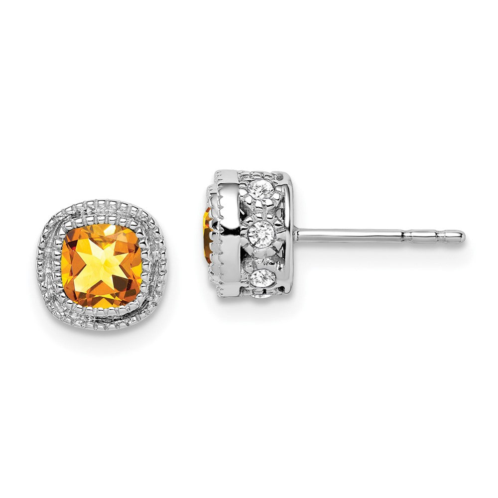 Solid 14k White Gold Cushion Simulated Citrine and CZ Earrings