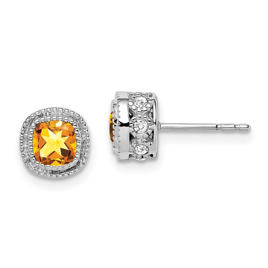 Solid 14k White Gold Cushion Simulated Citrine and CZ Earrings