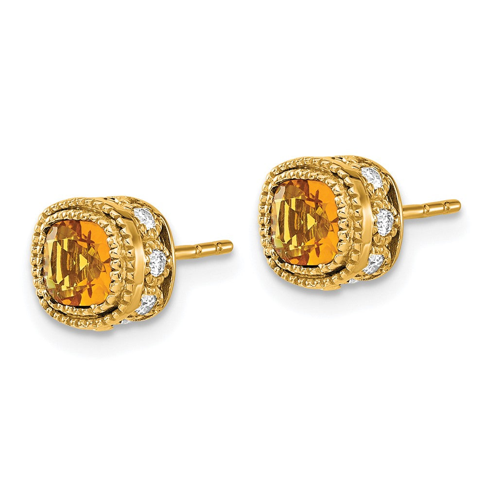 Solid 14k Yellow Gold Cushion Simulated Citrine and CZ Earrings