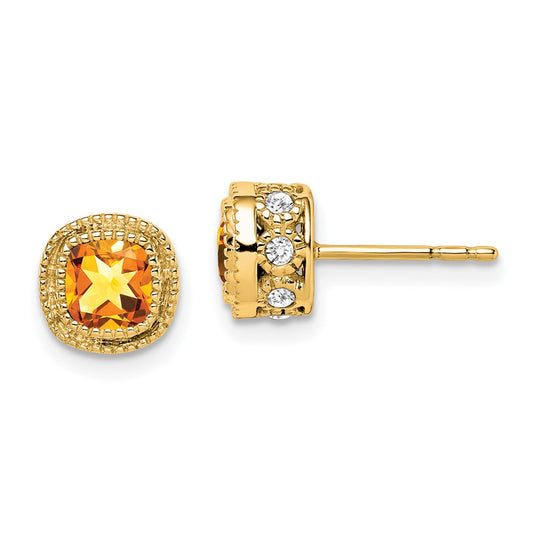 Solid 14k Yellow Gold Cushion Simulated Citrine and CZ Earrings