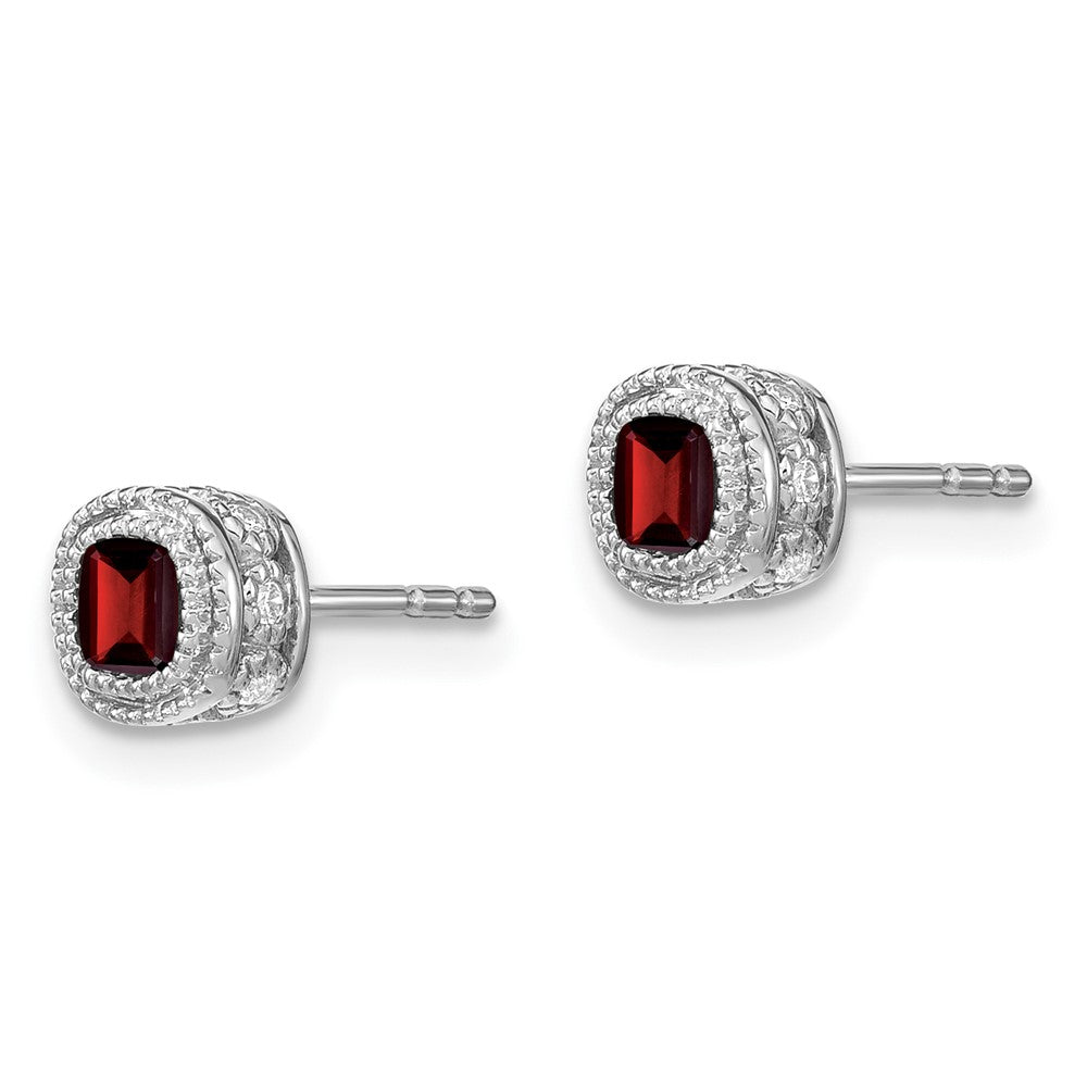 Solid 14k White Gold Cushion Simulated Garnet and CZ Earrings