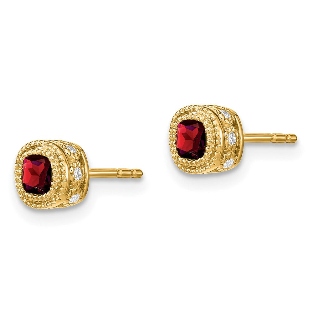 14k Yellow Gold Cushion Garnet and Real Diamond Earrings