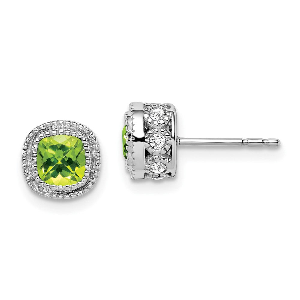 Solid 14k White Gold Cushion Simulated Peridot and CZ Earrings