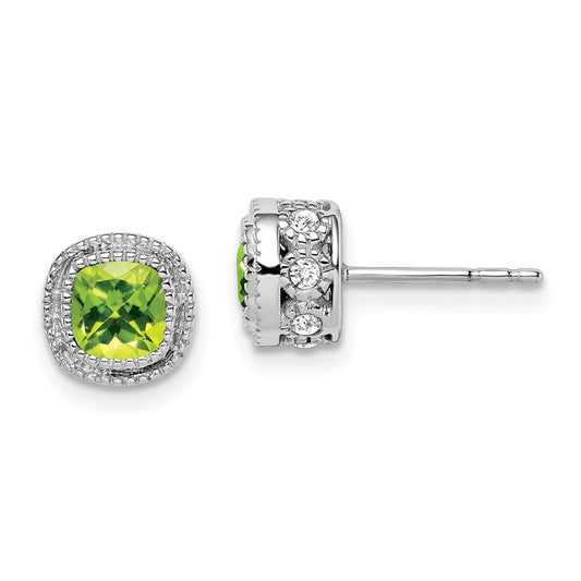 14k White Gold Cushion Peridot and Real Diamond Earrings