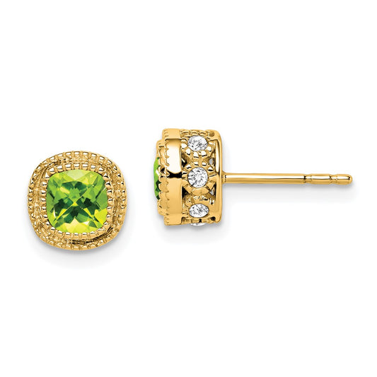 Solid 14k Yellow Gold Cushion Simulated Peridot and CZ Earrings