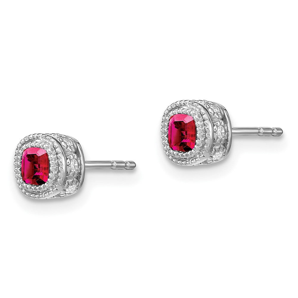 14k White Gold Cushion Ruby and Real Diamond Earrings