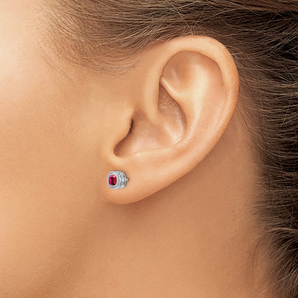 Solid 14k White Gold Cushion Simulated Ruby and CZ Earrings