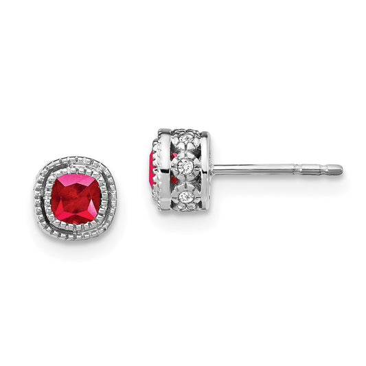 Solid 14k White Gold Cushion Simulated Ruby and CZ Earrings