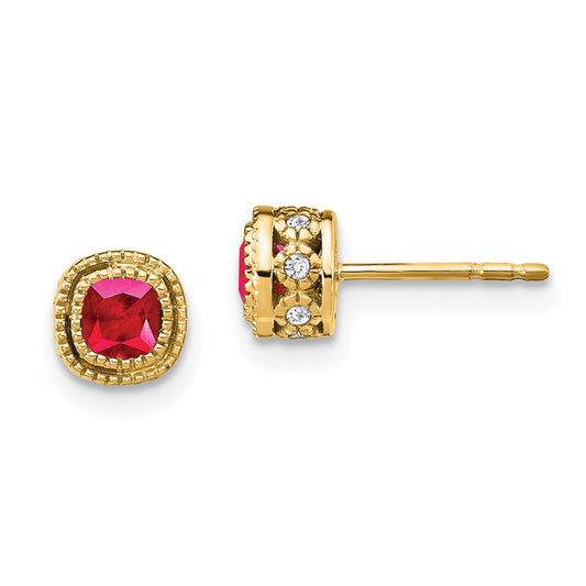 Solid 14k Yellow Gold Cushion Simulated Ruby and CZ Earrings