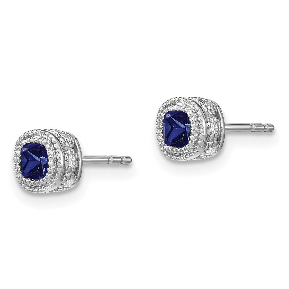 14k White Gold Cushion Sapphire and Real Diamond Earrings